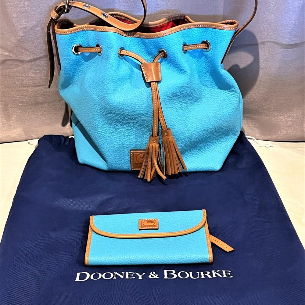 Dooney & Bourke Leather Bucket Handbag with Matching Wallet - Turquoise